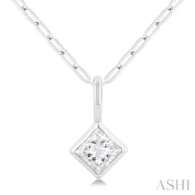 1/5 ctw Princees Cut Bezel Set Diamond Fashion Pendant With Paper Clip Chain in 14K White Gold