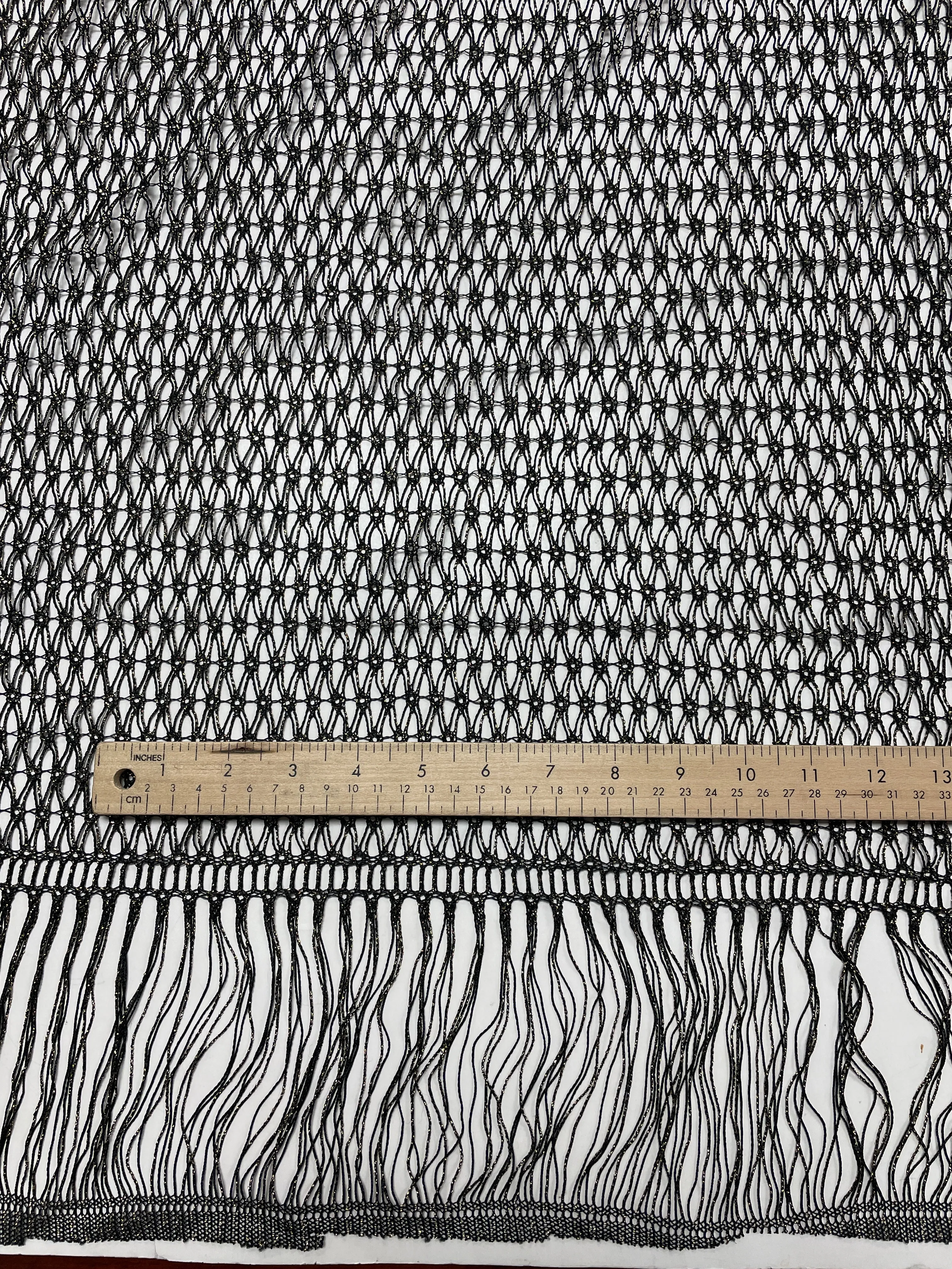 2 YD Polyester Net Panel with Fringe - Black with Gold Lurex and Self Fringe