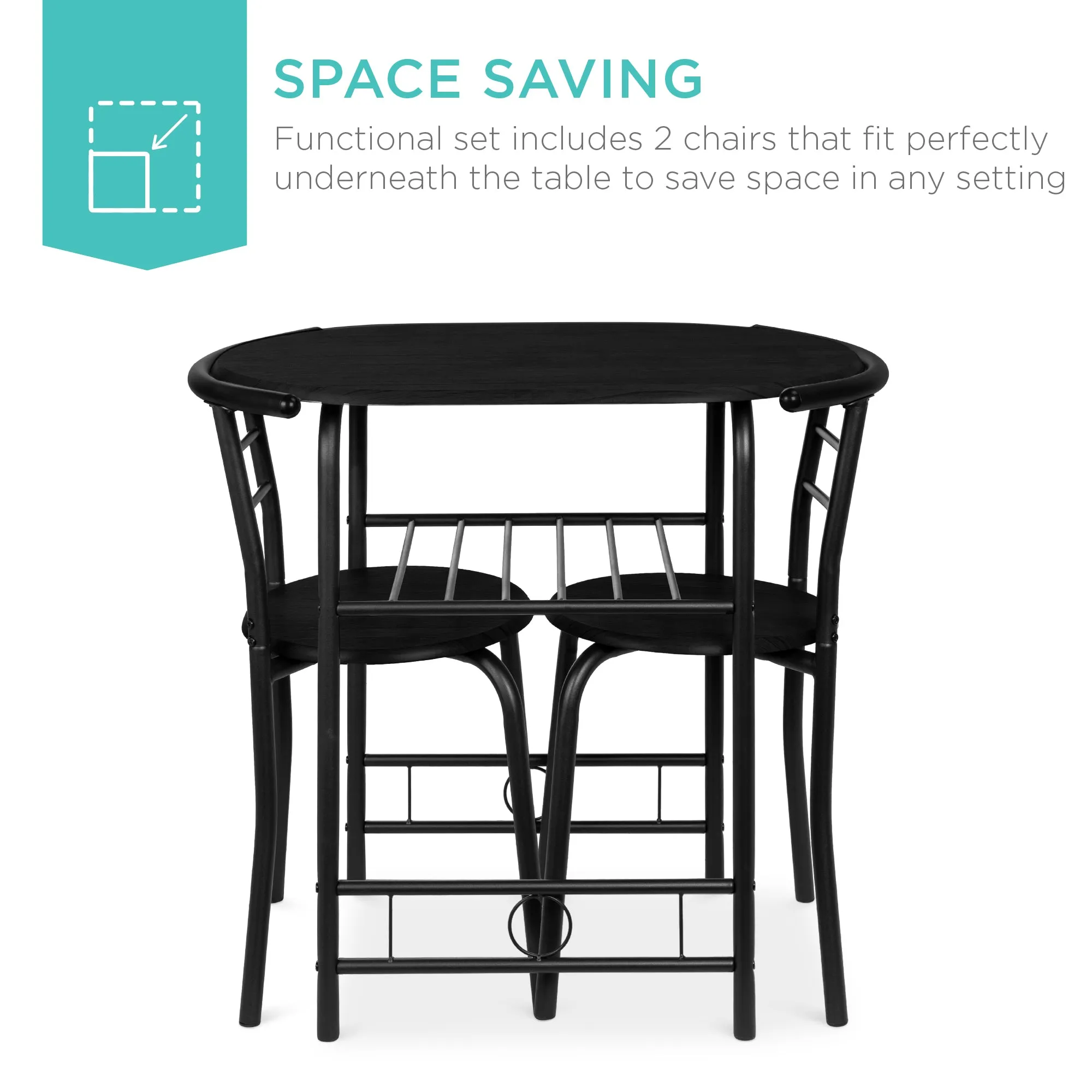 3-Piece Wooden Table & Chairs Dining Set w/ Lower Storage Shelf