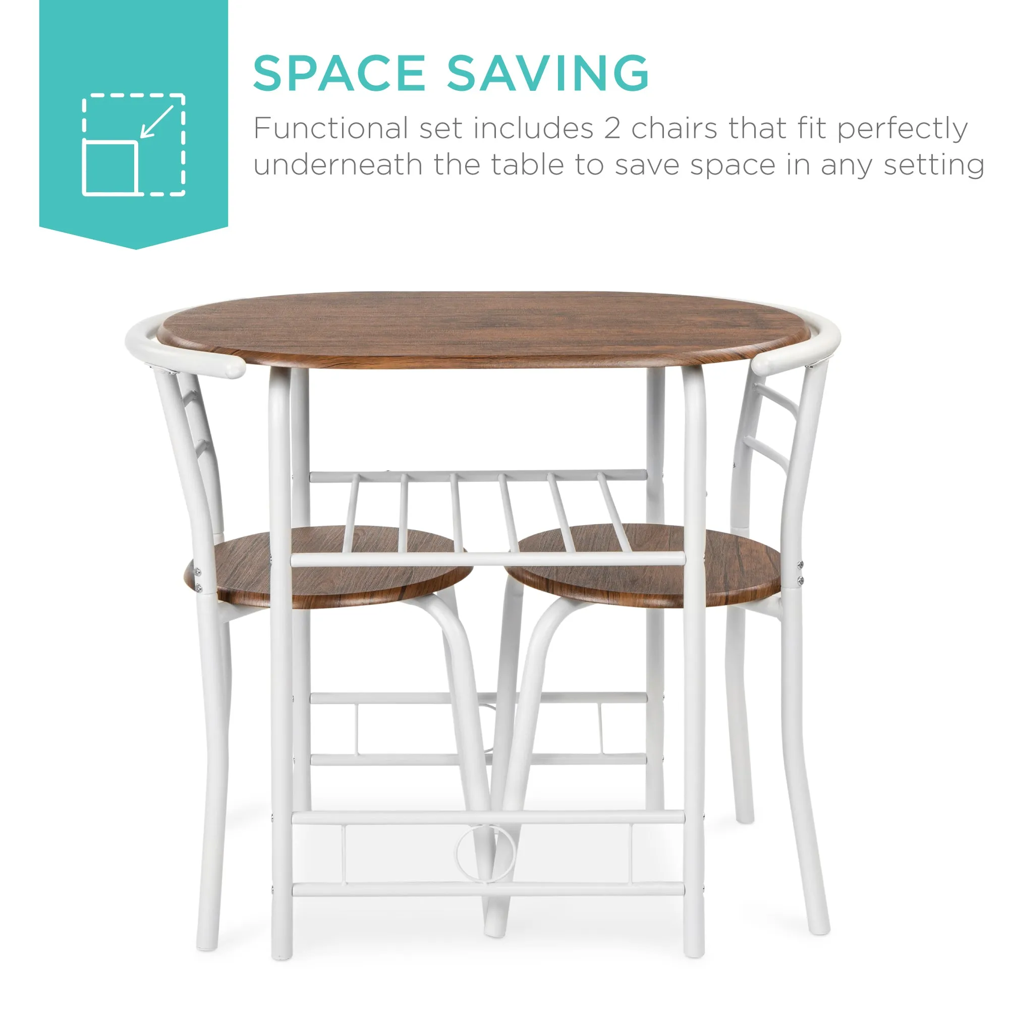 3-Piece Wooden Table & Chairs Dining Set w/ Lower Storage Shelf