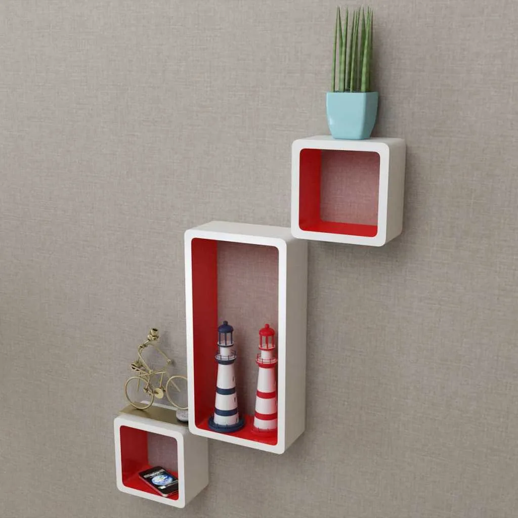 3 White-red MDF Floating Wall Display Shelf Cubes Book/DVD Storage