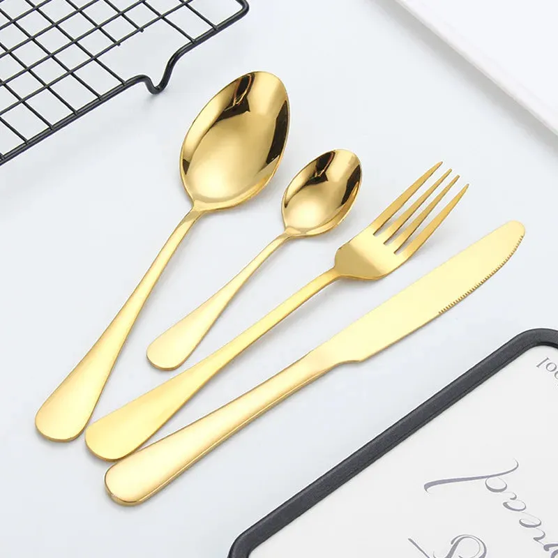 4/16/24Pcs Golden Cutlery Dishes Dinnerware Table Sets Tableware Stainless Steel Flatware