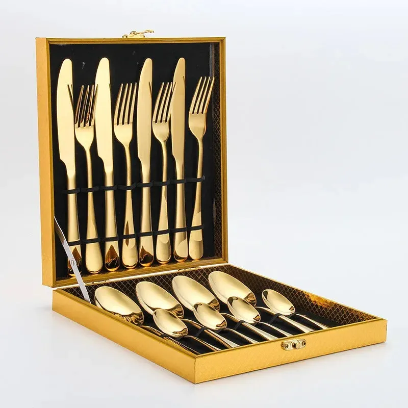 4/16/24Pcs Golden Cutlery Dishes Dinnerware Table Sets Tableware Stainless Steel Flatware