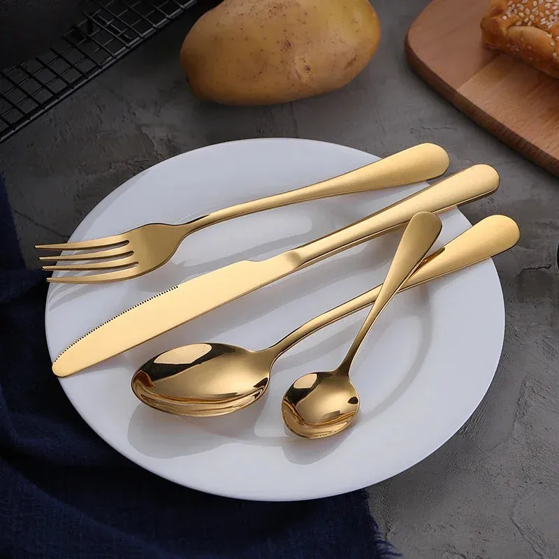 4/16/24Pcs Golden Cutlery Dishes Dinnerware Table Sets Tableware Stainless Steel Flatware