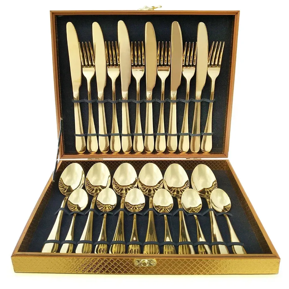 4/16/24Pcs Golden Cutlery Dishes Dinnerware Table Sets Tableware Stainless Steel Flatware