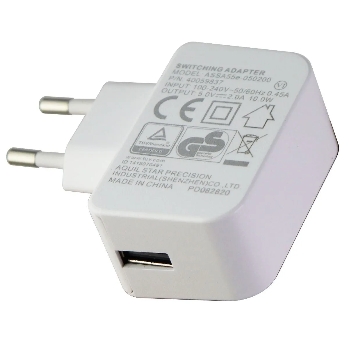 (5V/2A) Single USB Wall Charger Adapter - White (ASSA55e-050200) EU Plug