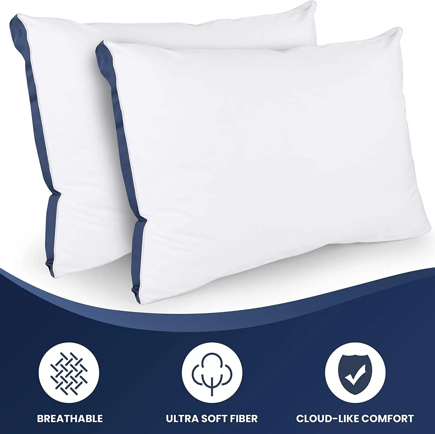 9villa Microfiber Pillow | Gusset Pillow for Sleeping | Luxury Hotel Quality Pillows | with White Micro Peach Fabric & Navy Blue Patti | Size 17 X 27 inches | Set of 2 Peice