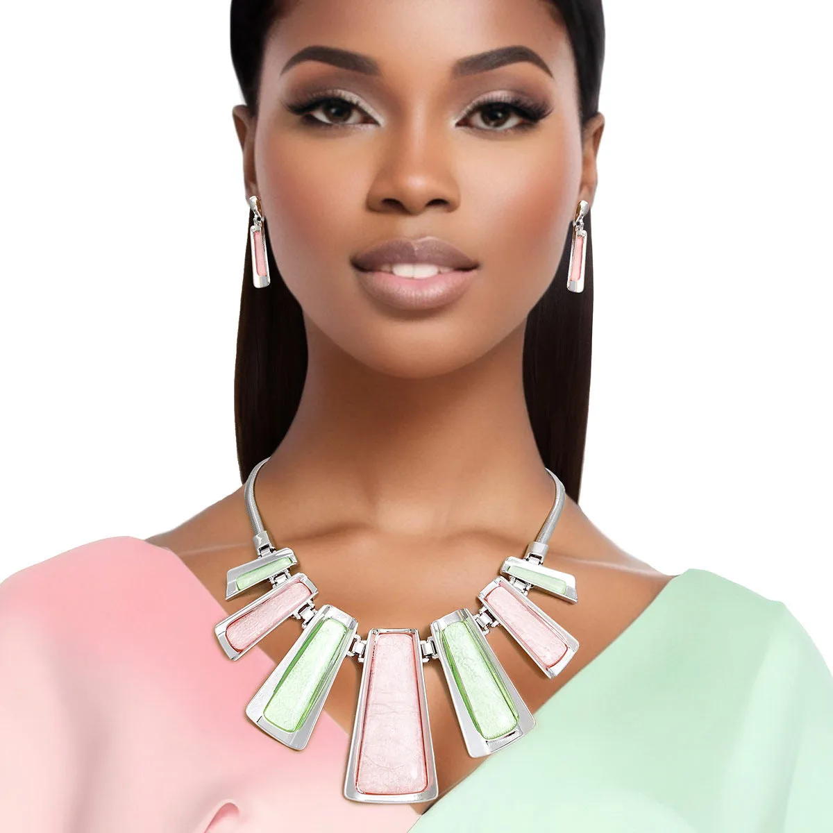 AKA Alpha Kappa Alpha Inspired Necklace Pink and Green Silver Chain Set for Women