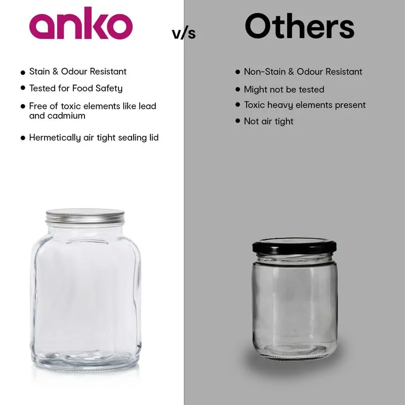 Anko 1L Clear Fluted Glass Jar for Kitchen Storage | Set of 4 | Airtight Container Set for Kitchen with Corrosion Resistant Tin Lid | Dishwasher Safe Kitchen Storage Container Set for Flour/Cereal