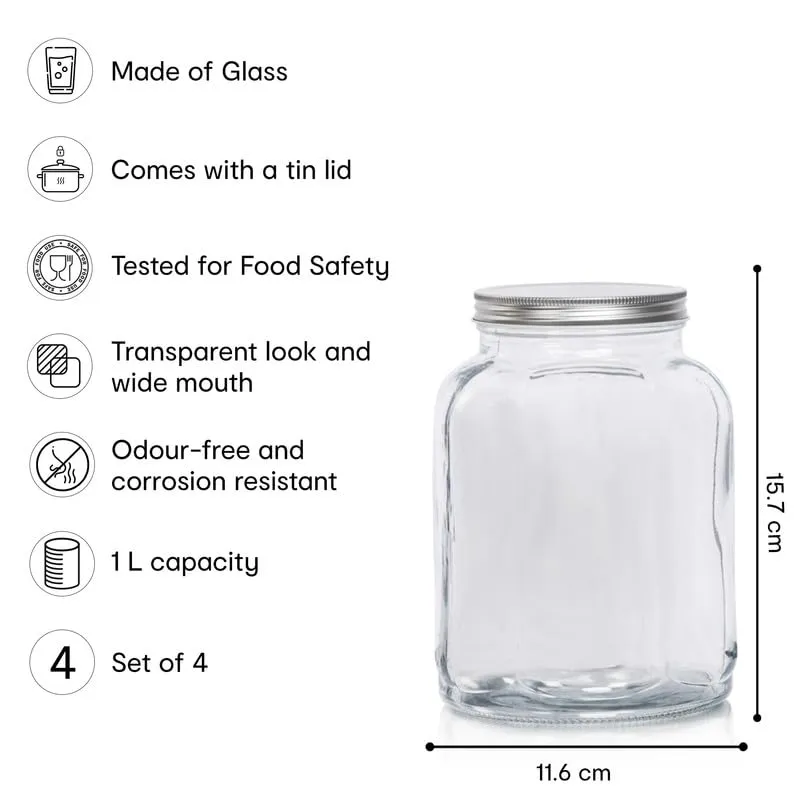 Anko 1L Clear Fluted Glass Jar for Kitchen Storage | Set of 4 | Airtight Container Set for Kitchen with Corrosion Resistant Tin Lid | Dishwasher Safe Kitchen Storage Container Set for Flour/Cereal