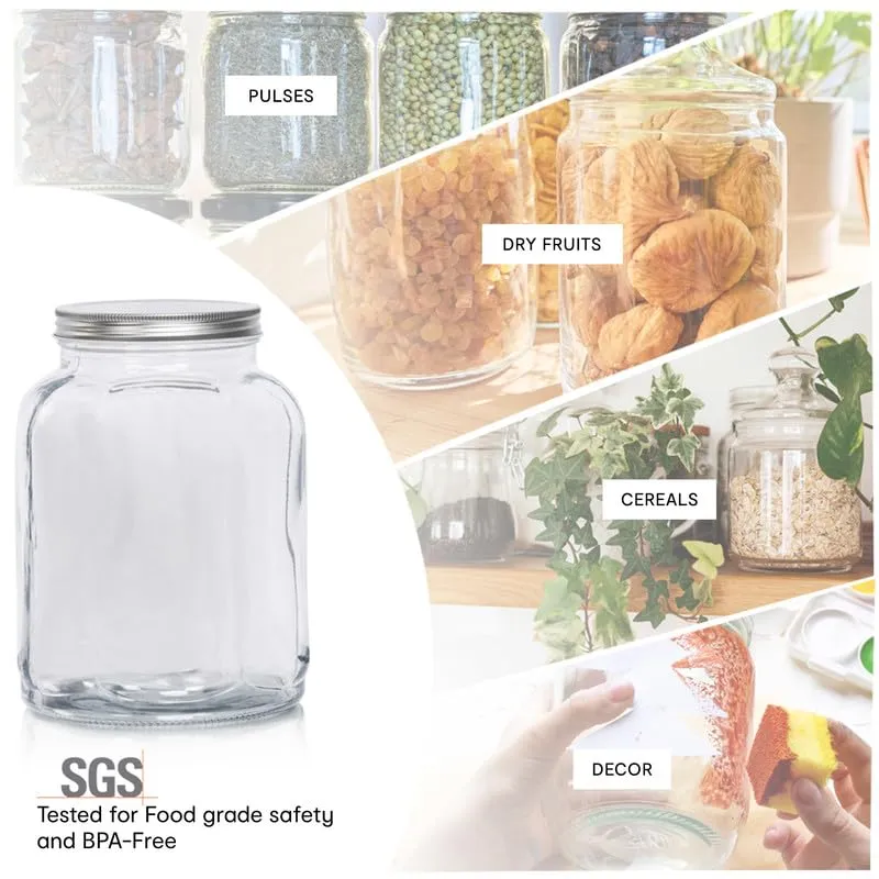 Anko 1L Clear Fluted Glass Jar for Kitchen Storage | Set of 4 | Airtight Container Set for Kitchen with Corrosion Resistant Tin Lid | Dishwasher Safe Kitchen Storage Container Set for Flour/Cereal