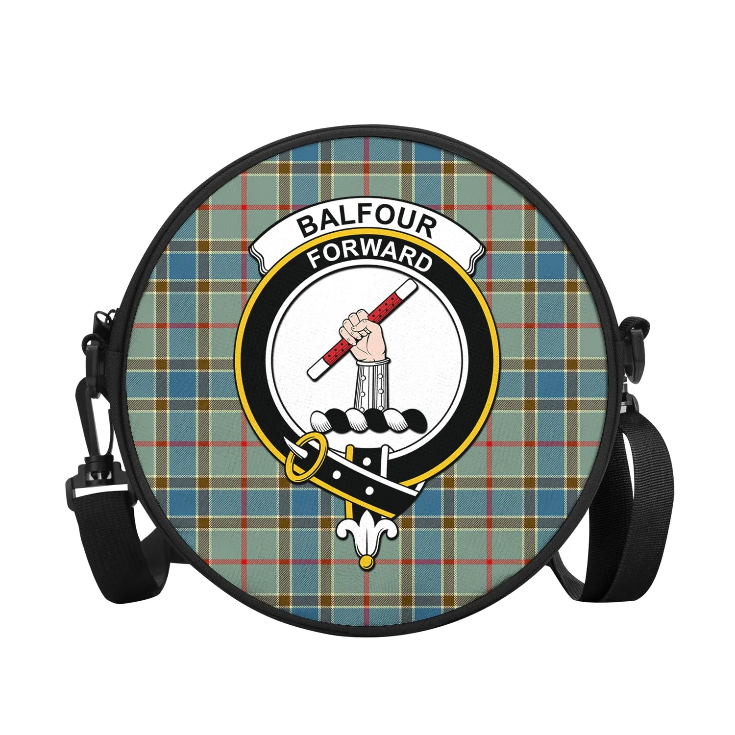 Balfour Blue Tartan Round Satchel Bags with Family Crest