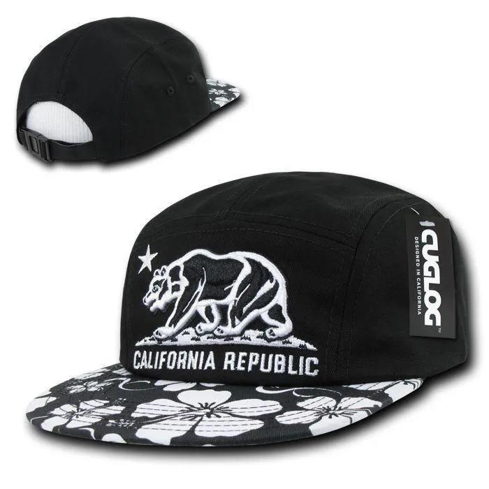 Cuglog California Republic Floral 5 Panel Racer Strap back Hats Caps Cali Bear