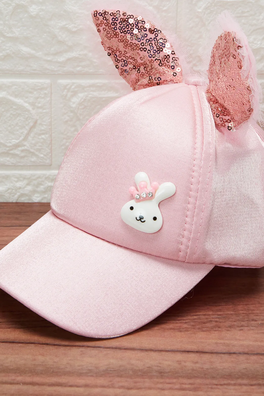 Girls Pink Embellished Bunny Themed Cap