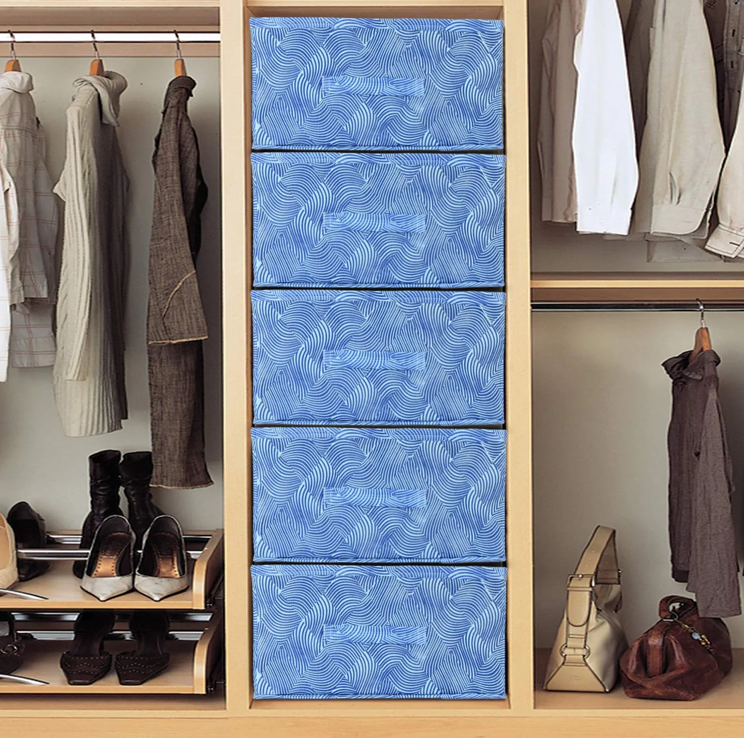 Heart Home Laheriya Print Non Woven Fabric Modular Closet Organizer Box with Handle for Cube Storage Units in Closet, Bedroom to Hold Clothing,T-Shirts,Leggings, Accessories,Set Of 5(Blue)-HHEART15993