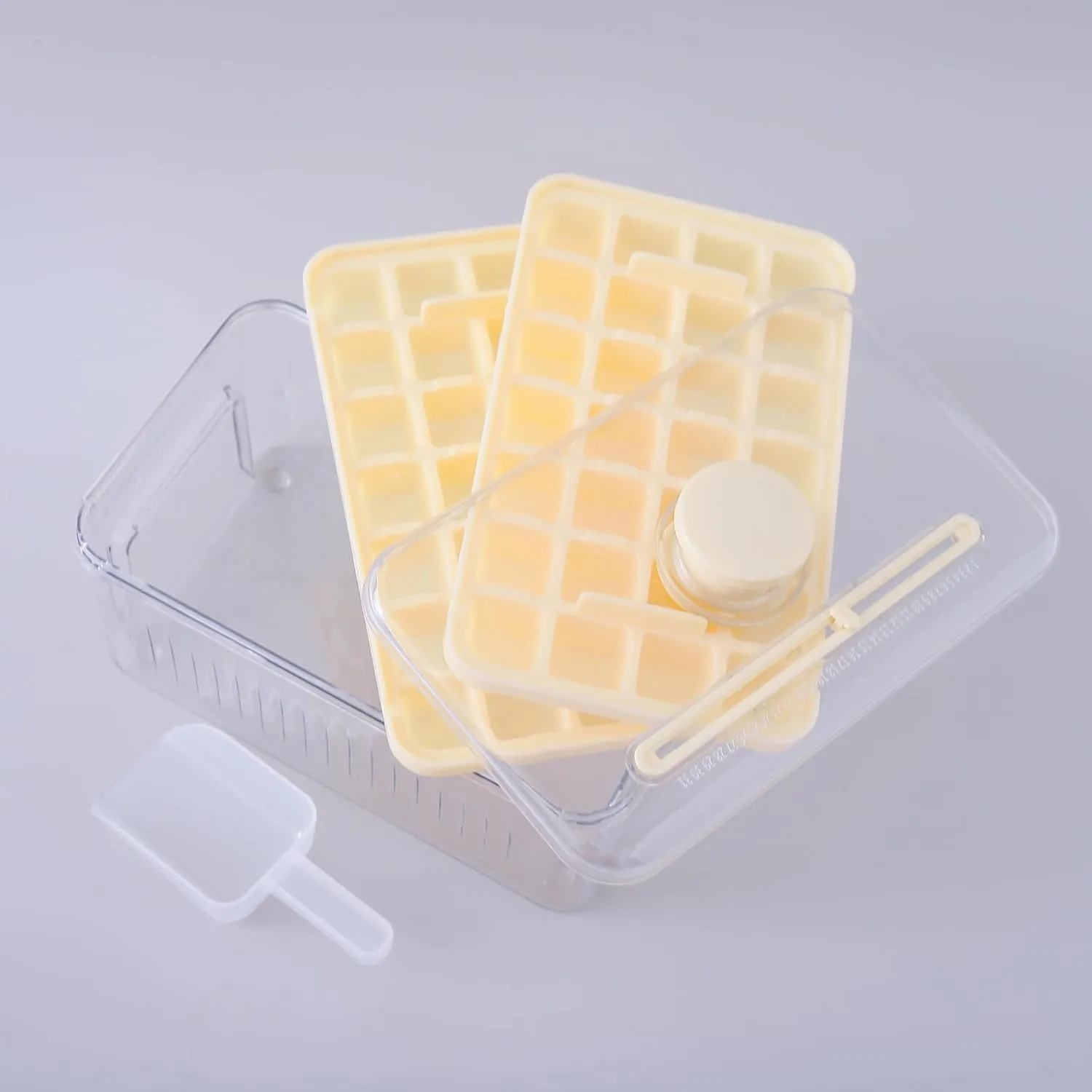 Kuber Industries 2 Layer Ice Cube Tray with Lid | Ice Cube Storage Box with Ice Scoop | 56 Ice Cube Molds for Freezing | One-Press Demolding | BPA Free | Beige