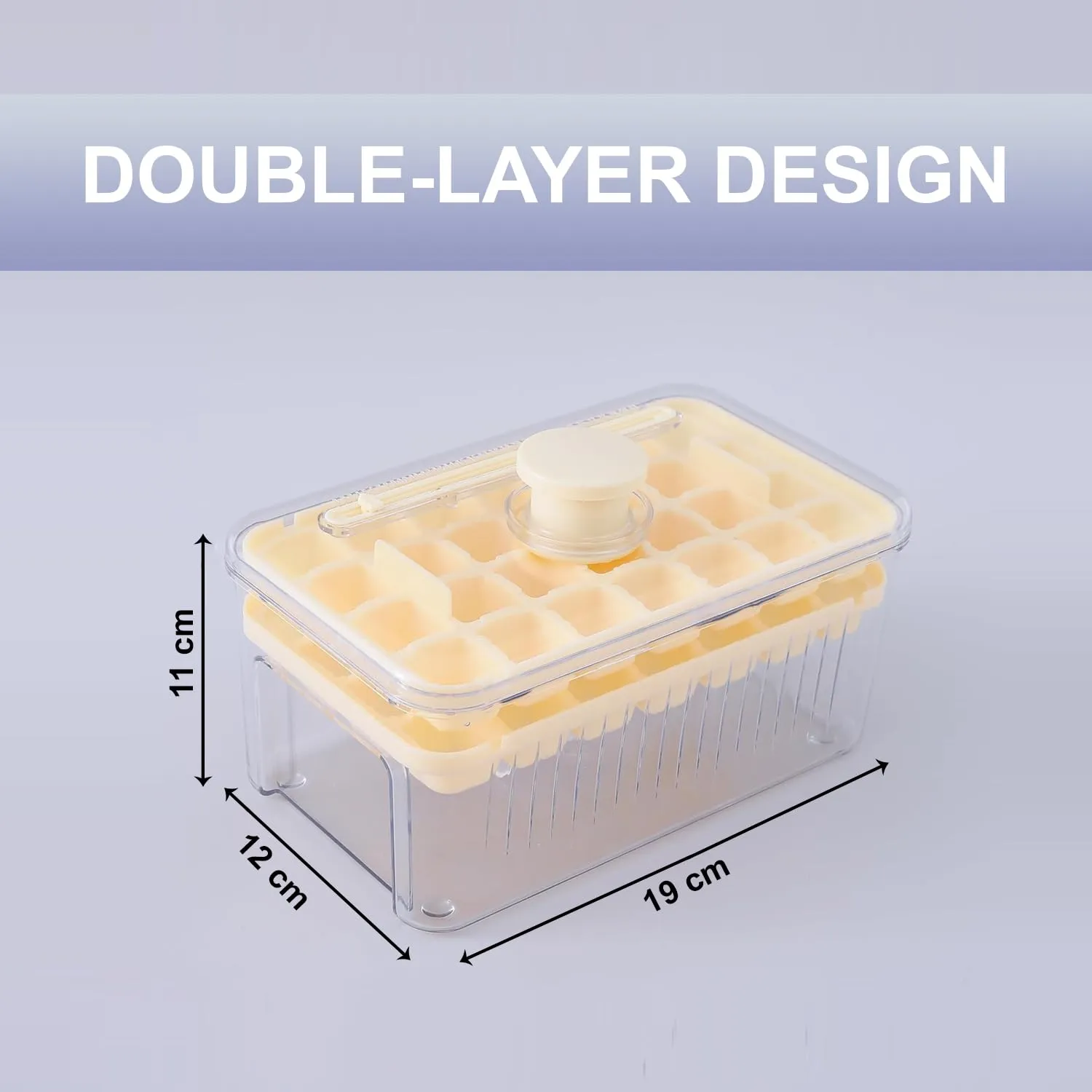 Kuber Industries 2 Layer Ice Cube Tray with Lid | Ice Cube Storage Box with Ice Scoop | 56 Ice Cube Molds for Freezing | One-Press Demolding | BPA Free | Beige