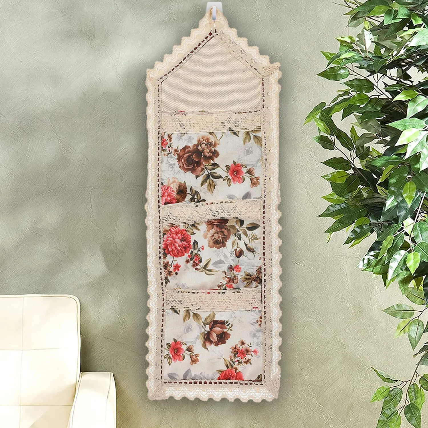 Kuber Industries Flower Printed Multiuses 3 Pockets Wall Hanging Storage Organizer/Holder For Home (Cream & Red)-50KM01175(Cotton)