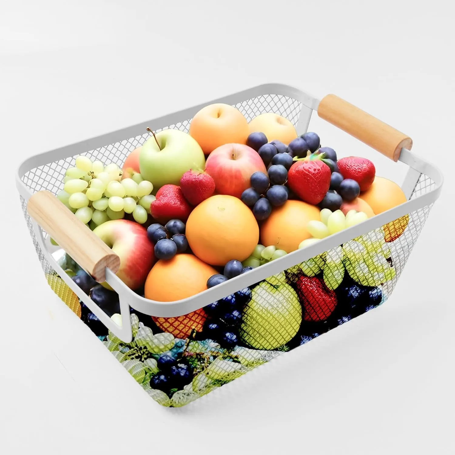 Kuber Industries Metal Mesh Basket for Storage with wooden handle | 280gm | Fruit basket for kitchen | Kitchen Organizer | Baskets for organizing home and kitchen | Multipurpose | White