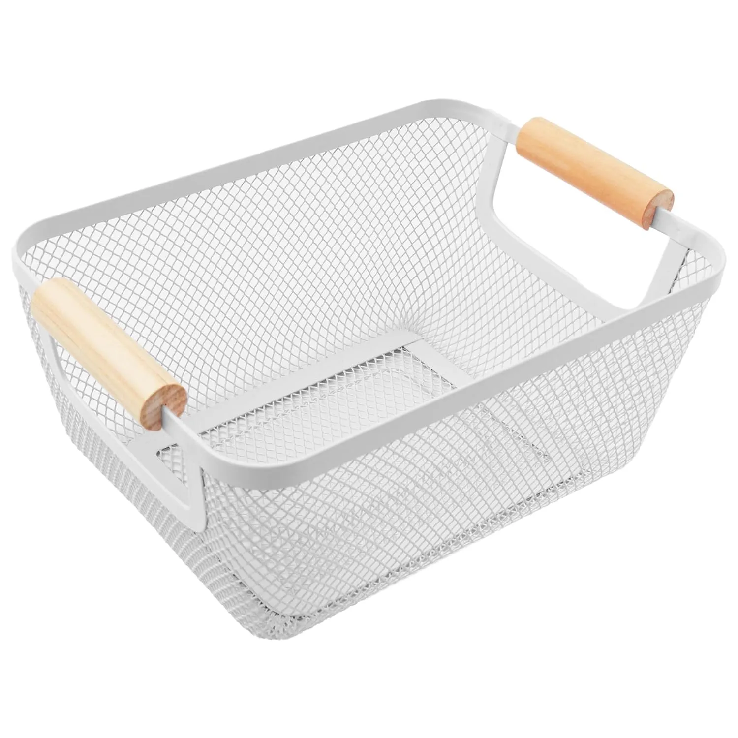 Kuber Industries Metal Mesh Basket for Storage with wooden handle | 280gm | Fruit basket for kitchen | Kitchen Organizer | Baskets for organizing home and kitchen | Multipurpose | White