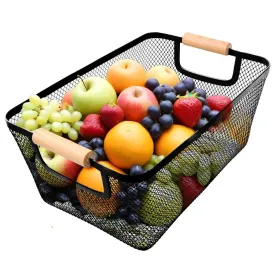 Kuber Industries Metal Mesh Basket for Storage with wooden handle | 360gm | Fruit basket basket for kitchen | Kitchen organizer | Baskets for organizing home and kitchen | Multipurpose | Black