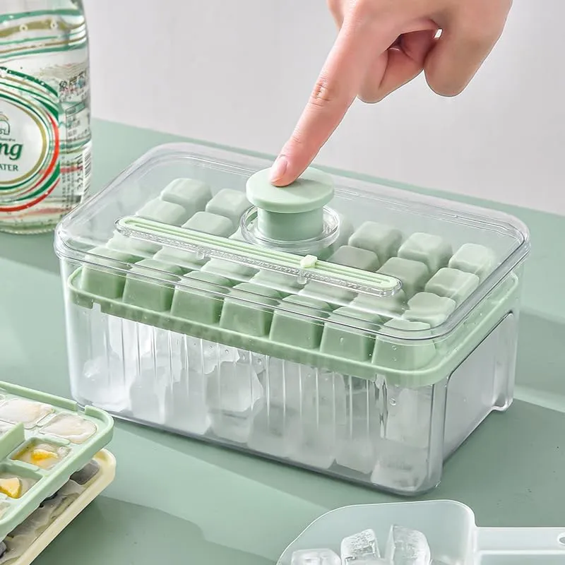 Kuber Industries Pack of 3| 2 Layer Ice Cube Tray with Lid | Ice Cube Storage Box with Ice Scoop | 56 Ice Cube Molds for Freezing | One-Press Demolding | BPA Free | Green