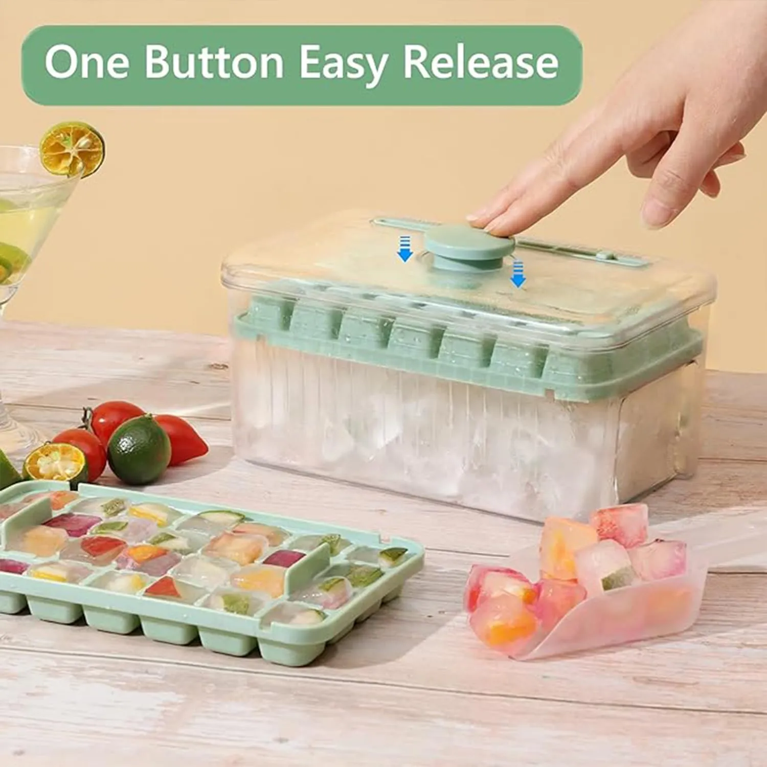 Kuber Industries Pack of 3| 2 Layer Ice Cube Tray with Lid | Ice Cube Storage Box with Ice Scoop | 56 Ice Cube Molds for Freezing | One-Press Demolding | BPA Free | Green