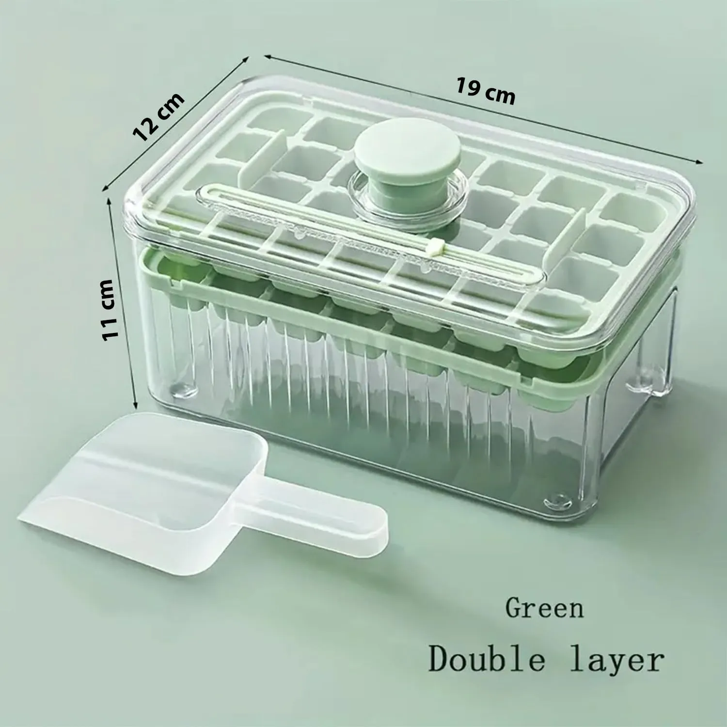 Kuber Industries Pack of 3| 2 Layer Ice Cube Tray with Lid | Ice Cube Storage Box with Ice Scoop | 56 Ice Cube Molds for Freezing | One-Press Demolding | BPA Free | Green