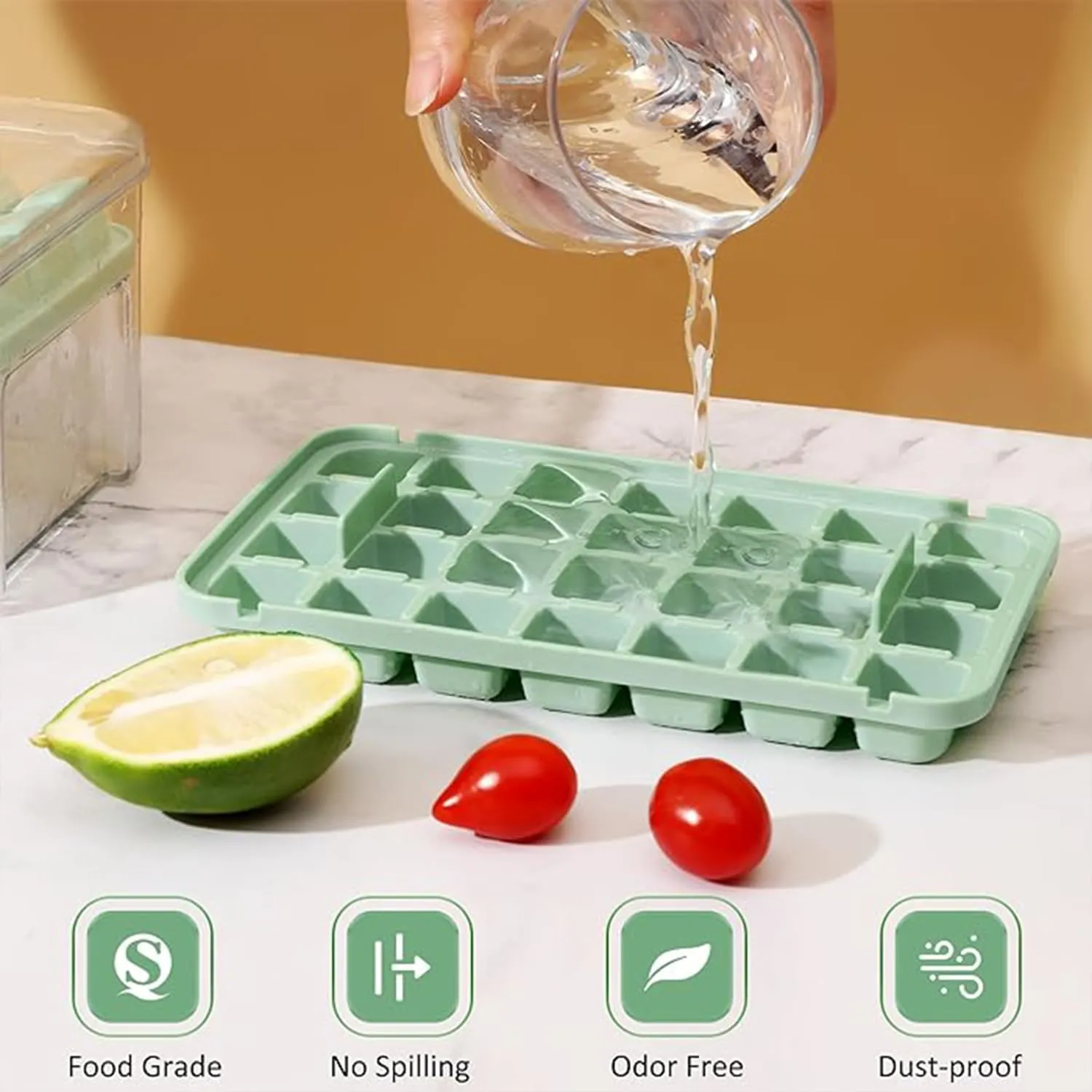 Kuber Industries Pack of 3| 2 Layer Ice Cube Tray with Lid | Ice Cube Storage Box with Ice Scoop | 56 Ice Cube Molds for Freezing | One-Press Demolding | BPA Free | Green