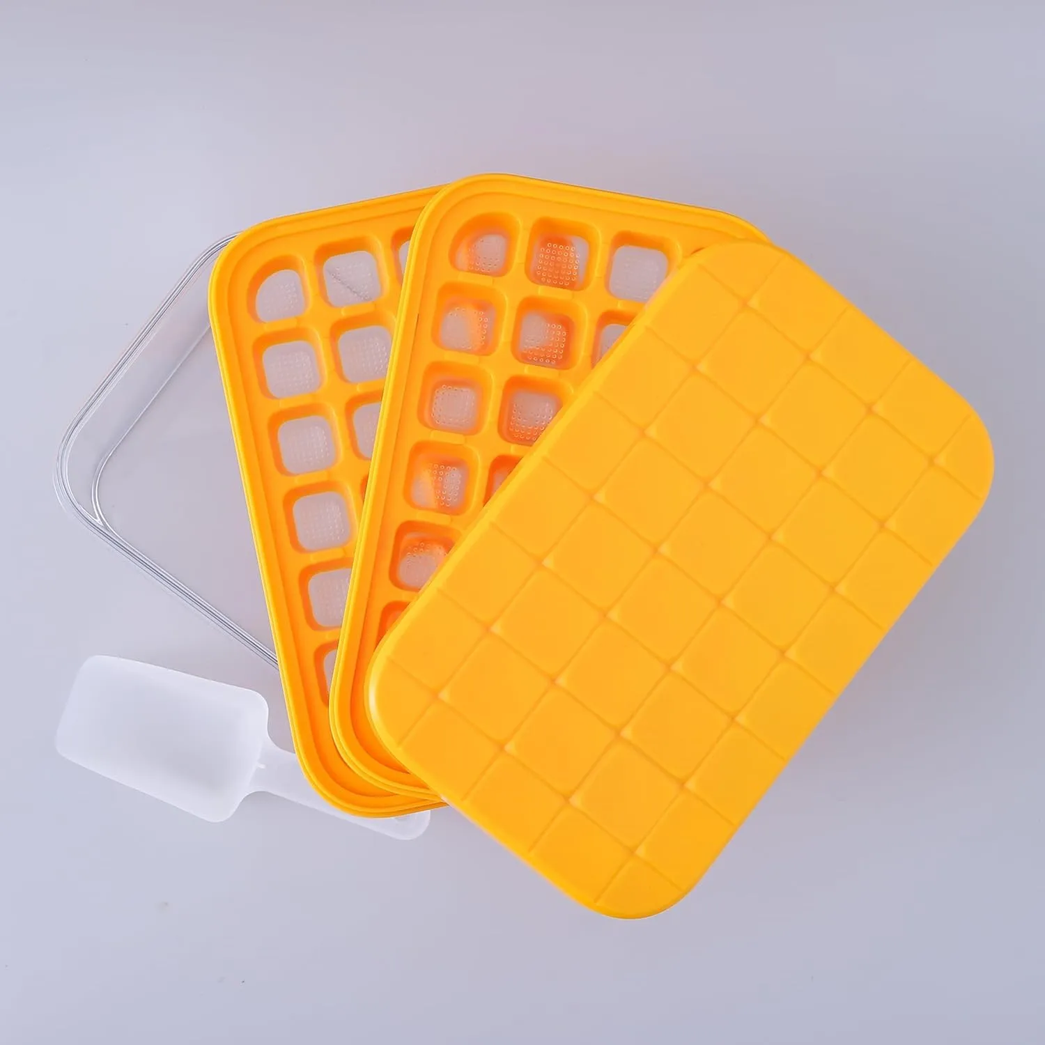 Kuber Industries Pack of 4|2 Layer Ice Cube Tray with Lid | Ice Cube Storage Box with Ice Scoop | 56 Ice Cube Molds for Freezing | One-Press Demolding | BPA Free | Orange