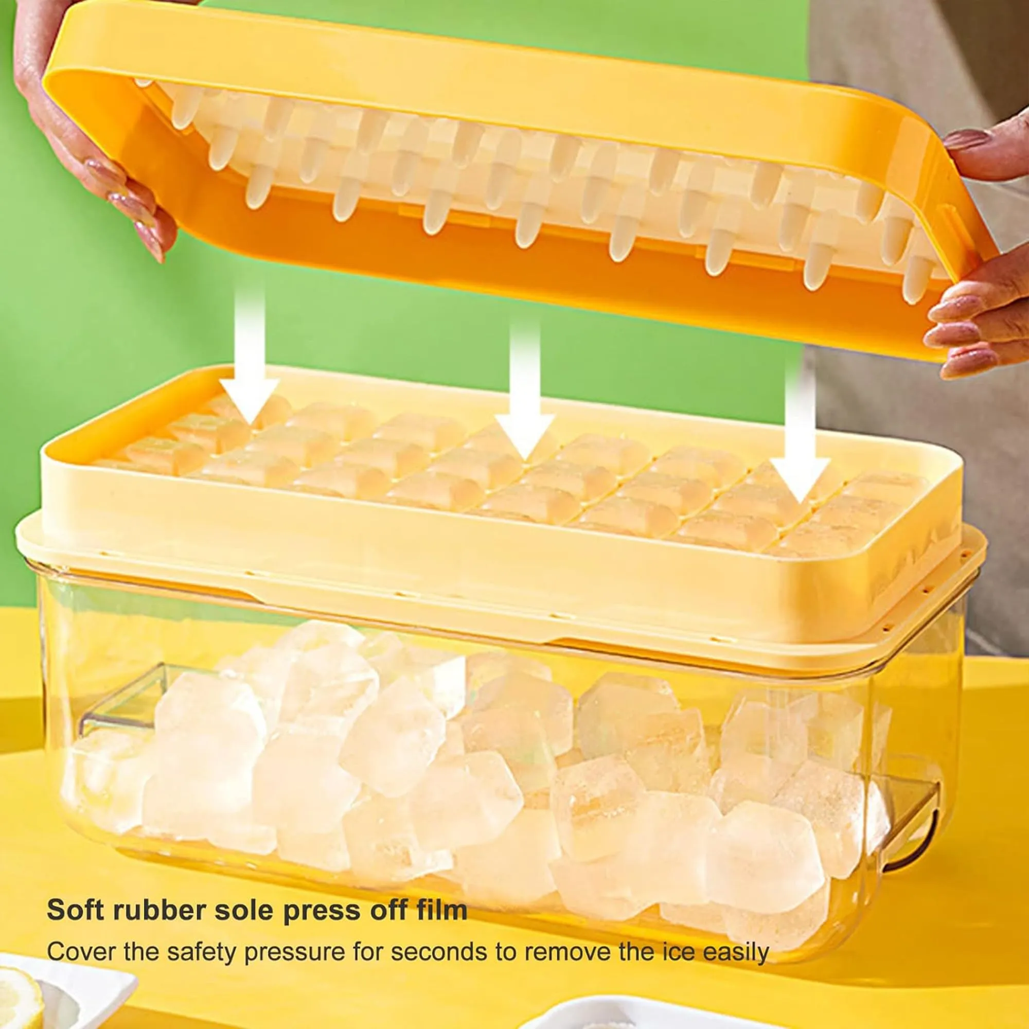 Kuber Industries Pack of 4|2 Layer Ice Cube Tray with Lid | Ice Cube Storage Box with Ice Scoop | 56 Ice Cube Molds for Freezing | One-Press Demolding | BPA Free | Orange