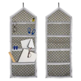 Kuber Industries Paper Holder | Foldable Hanging Organizer | PVC Shining Check Design Document Holder | Wall Hanging Organizer with 3 Pocket | Pack of 2 | Silver