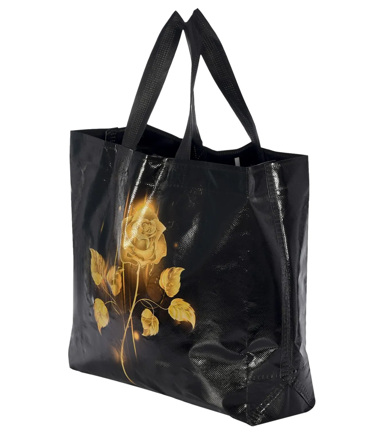 Kuber Industries Rose Printed Laminated Non Woven Party Favor Gift Bag, Tote Bag, Carry Bags with Handles- Pack of 6 (Black)-50KM01130