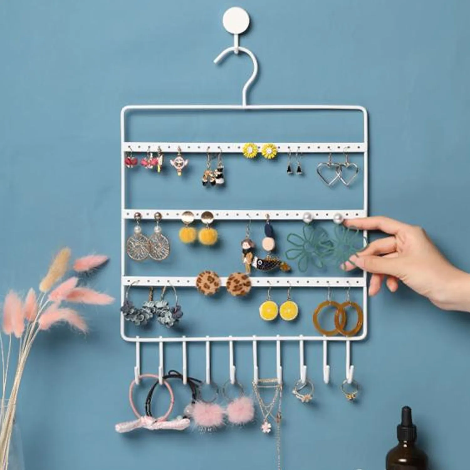 Lightweight & Wall Mounted Earrings Organizer / HANGER for Tangle Free Hanging for Women, 66 Holes - 10 Hooks (metal)