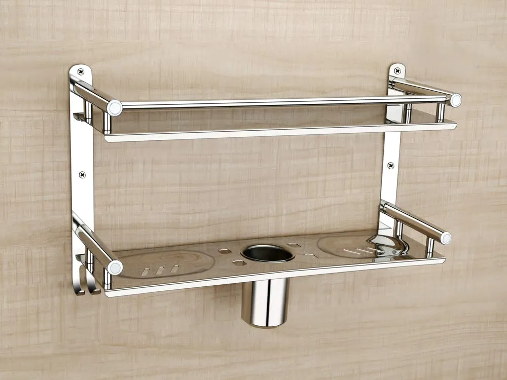 Oslen Stainless Steel 2 Layer Wall Mounted Bathroom Rack and Shelf Bathroom Storage Racks and Shelves Washroom Basin Double Soap Dish and Tumbler Holder Soap Holder Bathroom Accessories