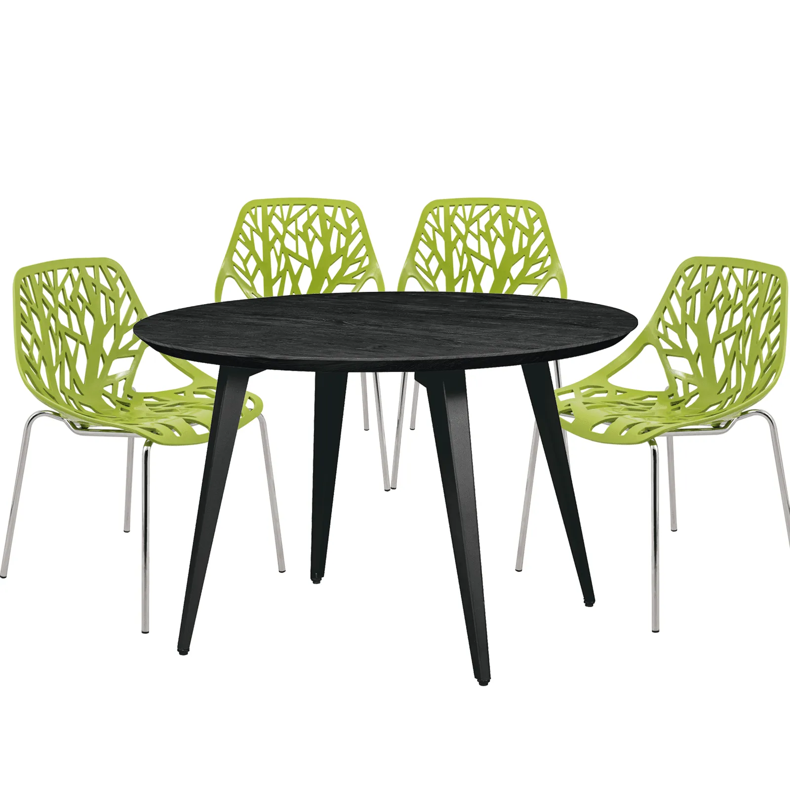 Ravenna 5-Piece Dining Set: 4 Stackable Plastic Chairs & Round Wood Table, Metal Base