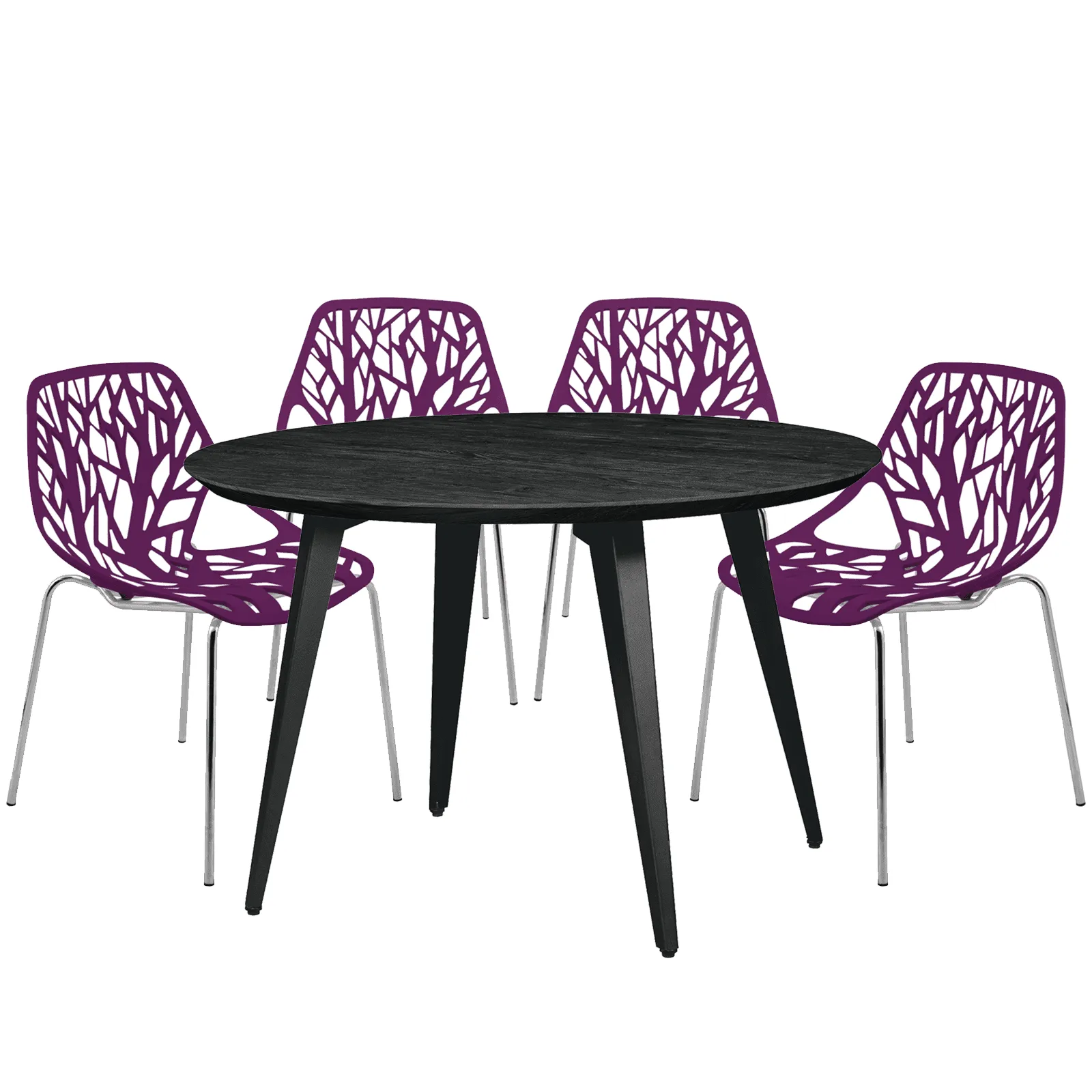 Ravenna 5-Piece Dining Set: 4 Stackable Plastic Chairs & Round Wood Table, Metal Base