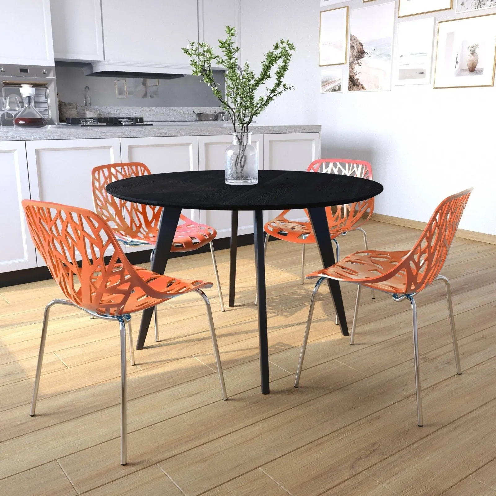 Ravenna 5-Piece Dining Set: 4 Stackable Plastic Chairs & Round Wood Table, Metal Base