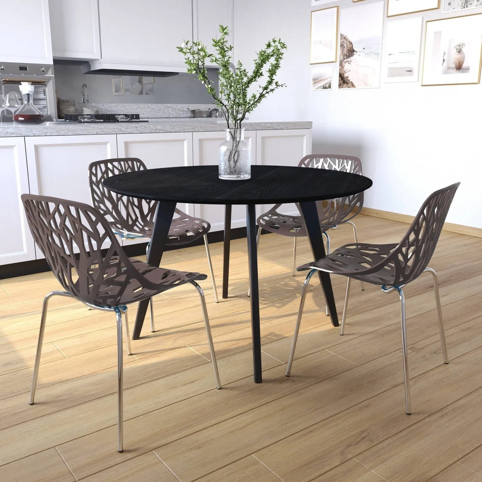 Ravenna 5-Piece Dining Set: 4 Stackable Plastic Chairs & Round Wood Table, Metal Base