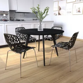 Ravenna 5-Piece Dining Set: 4 Stackable Plastic Chairs & Round Wood Table, Metal Base