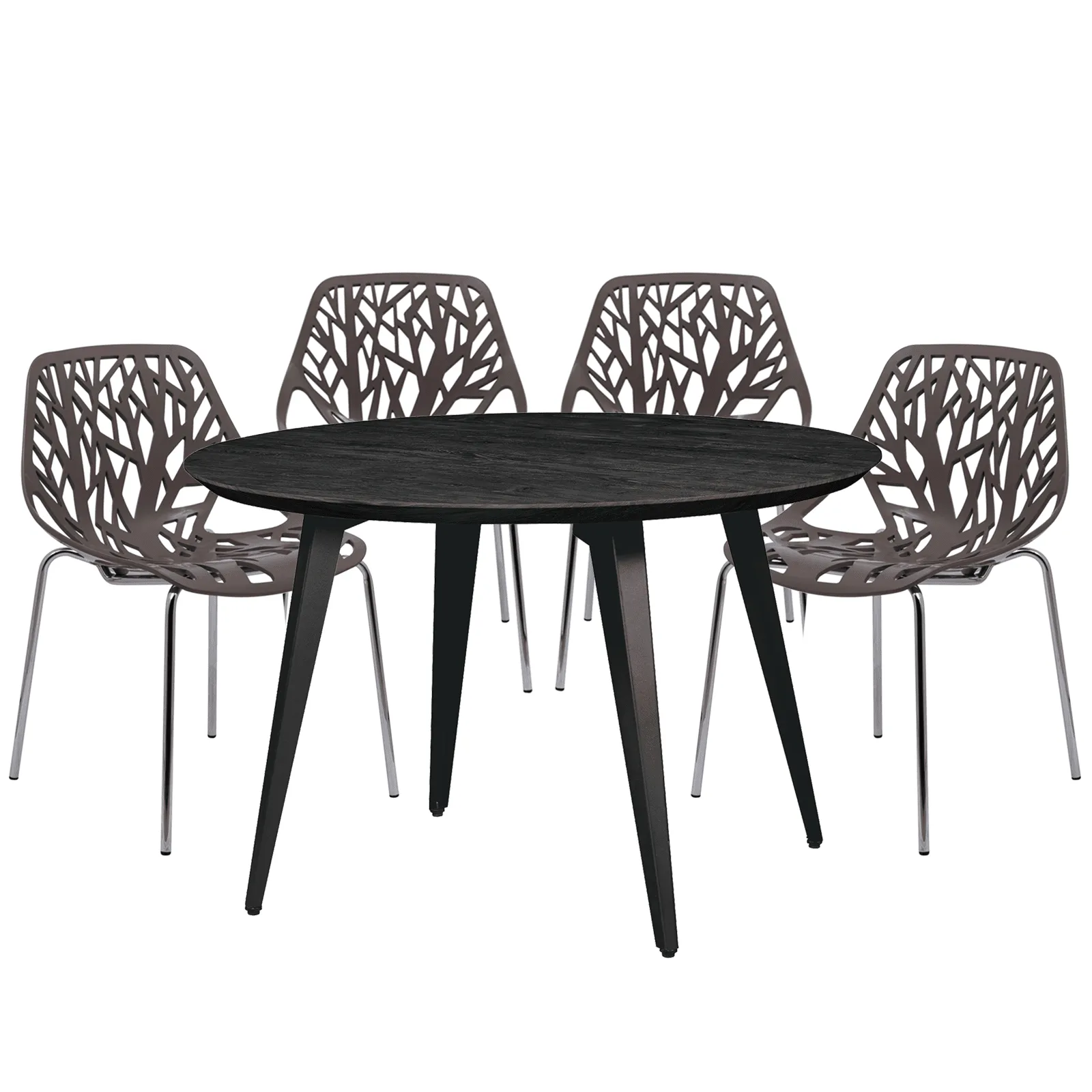 Ravenna 5-Piece Dining Set: 4 Stackable Plastic Chairs & Round Wood Table, Metal Base