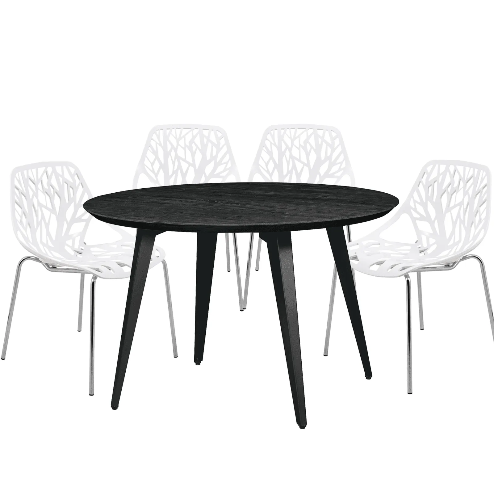 Ravenna 5-Piece Dining Set: 4 Stackable Plastic Chairs & Round Wood Table, Metal Base