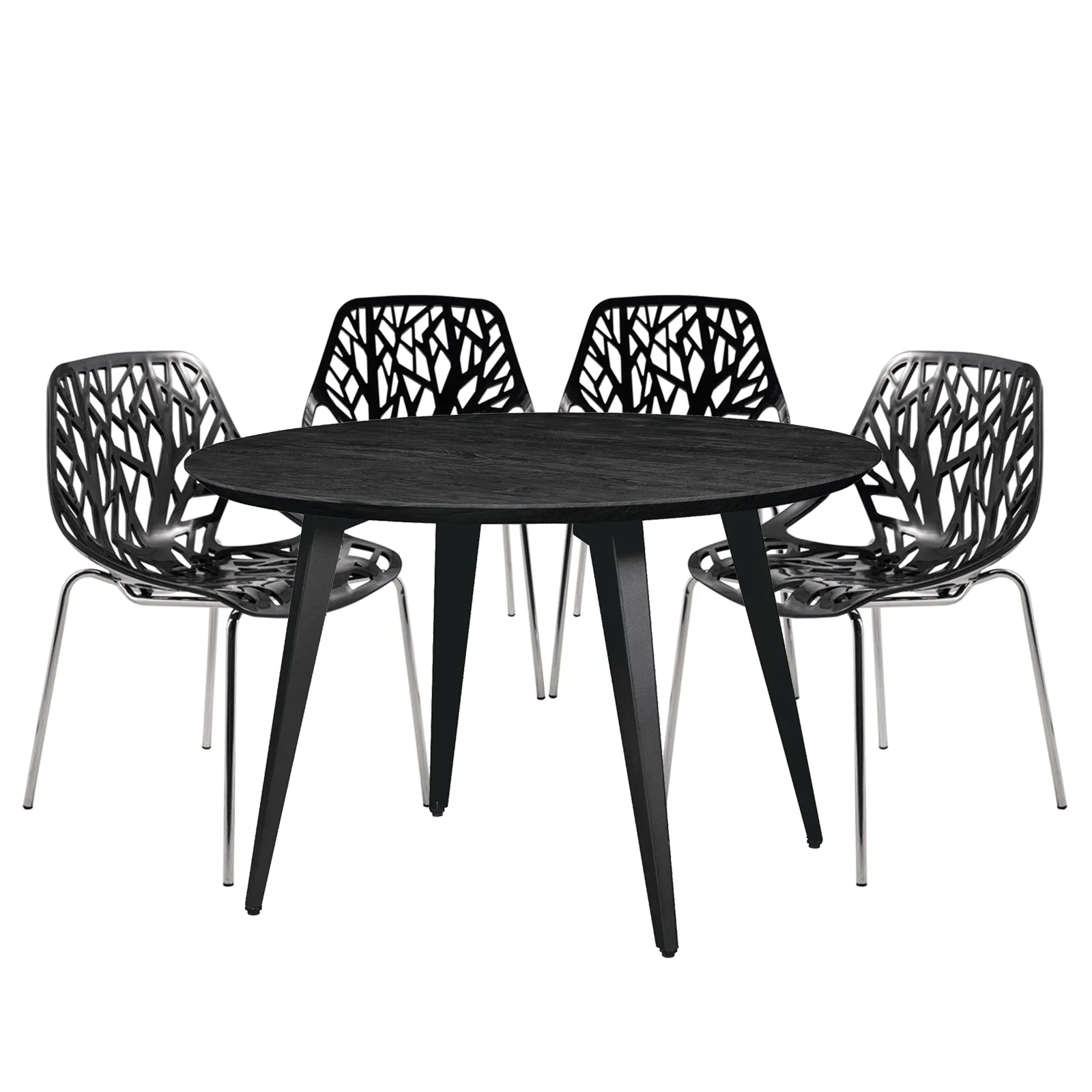 Ravenna 5-Piece Dining Set: 4 Stackable Plastic Chairs & Round Wood Table, Metal Base