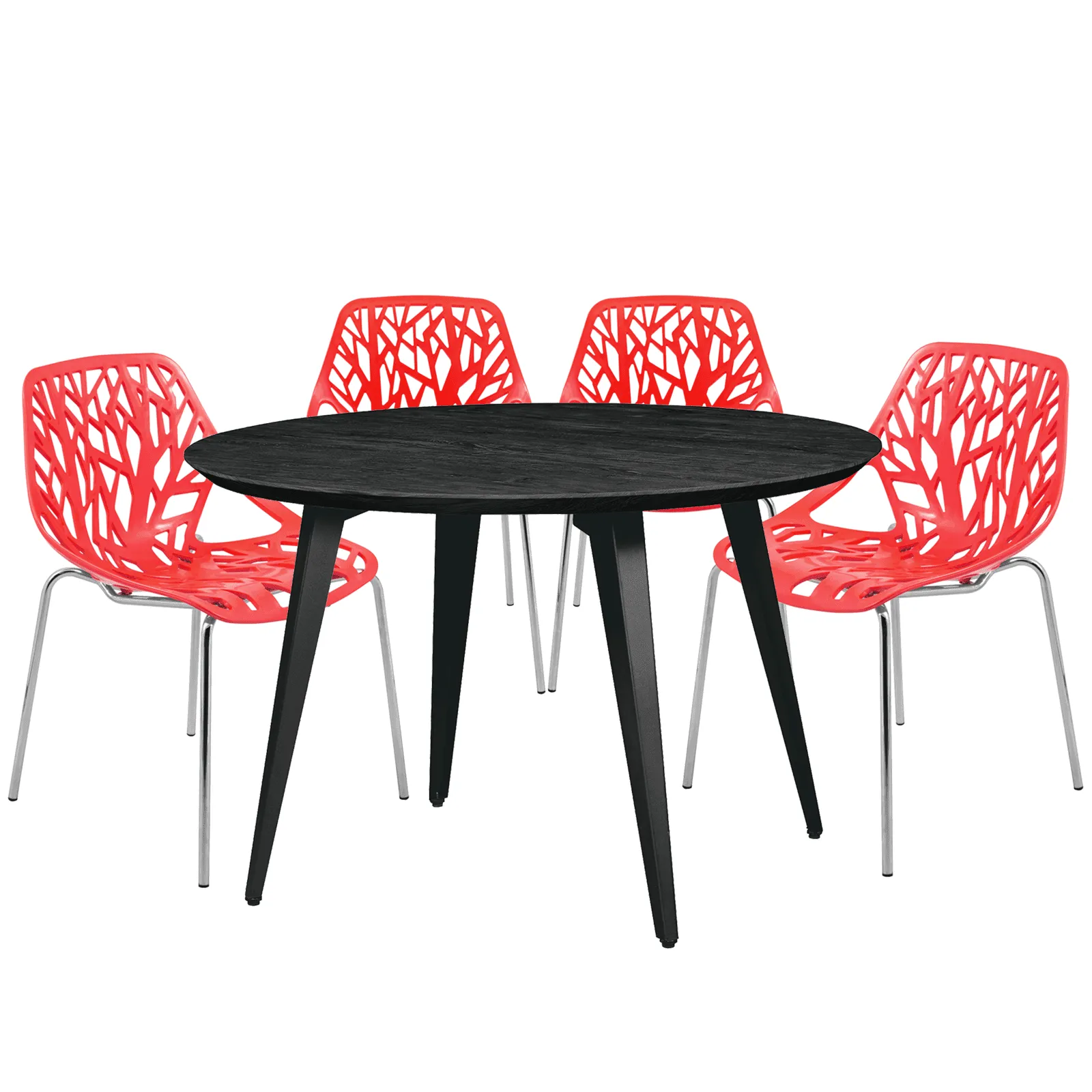 Ravenna 5-Piece Dining Set: 4 Stackable Plastic Chairs & Round Wood Table, Metal Base