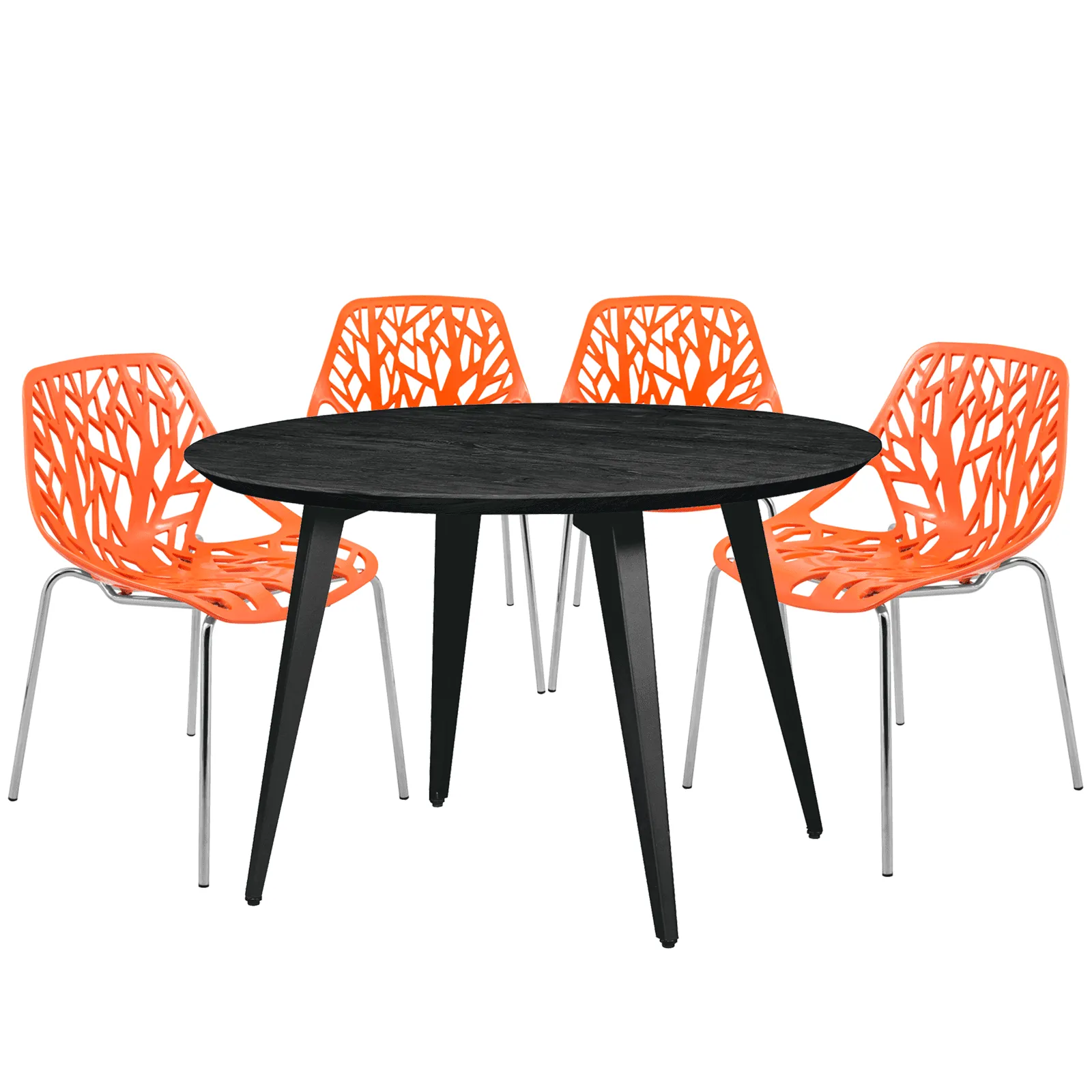 Ravenna 5-Piece Dining Set: 4 Stackable Plastic Chairs & Round Wood Table, Metal Base