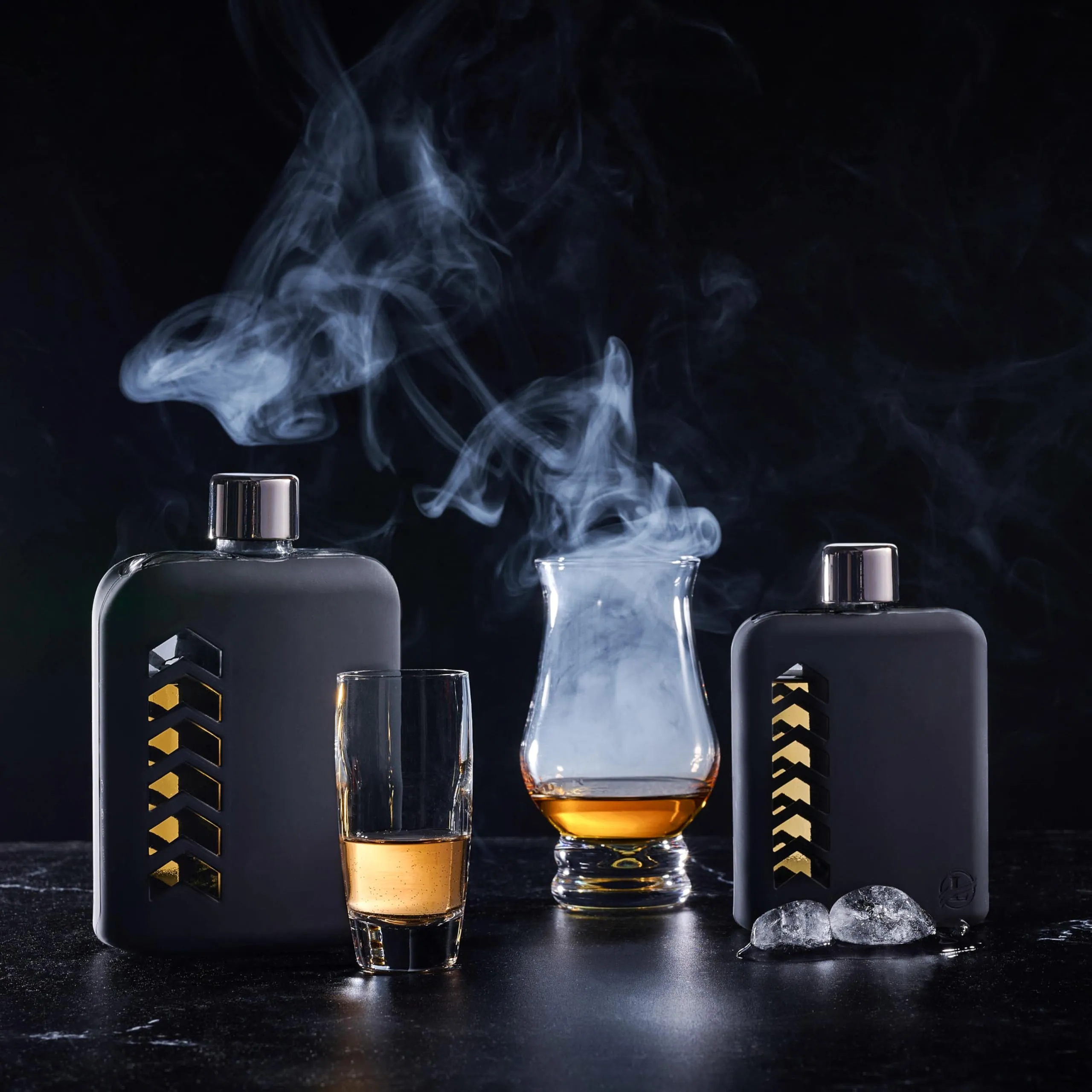 Set of 2 Modern Glass Flask Set - Sturdy Hip Flask with Cork and Silicone Seals for Whiskey, Liquor, Tequila - Includes Metal & Plastic Lids, Funnel, Protective Silicone Sleeves - 100ml and 240ml.