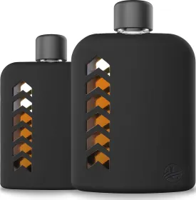 Set of 2 Modern Glass Flask Set - Sturdy Hip Flask with Cork and Silicone Seals for Whiskey, Liquor, Tequila - Includes Metal & Plastic Lids, Funnel, Protective Silicone Sleeves - 100ml and 240ml.