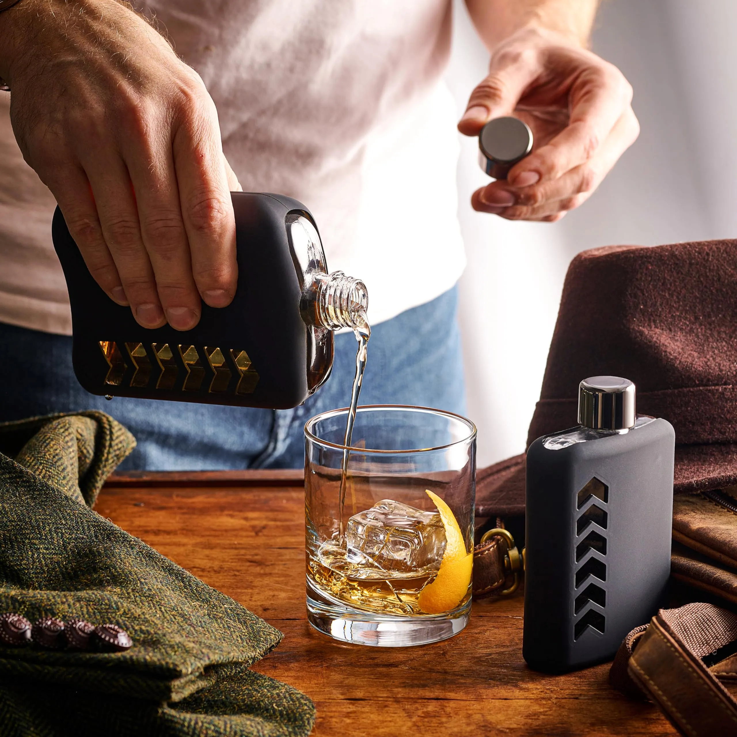 Set of 2 Modern Glass Flask Set - Sturdy Hip Flask with Cork and Silicone Seals for Whiskey, Liquor, Tequila - Includes Metal & Plastic Lids, Funnel, Protective Silicone Sleeves - 100ml and 240ml.