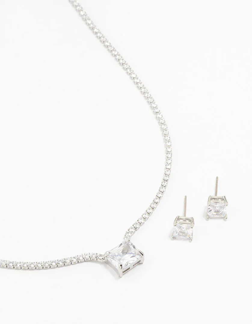 Square Rhodium Cubic Zirconia Necklace & Stud Earrings Pack