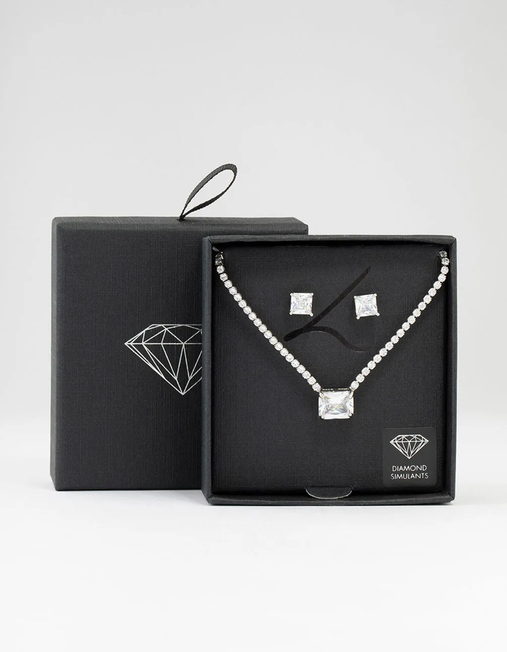 Square Rhodium Cubic Zirconia Necklace & Stud Earrings Pack